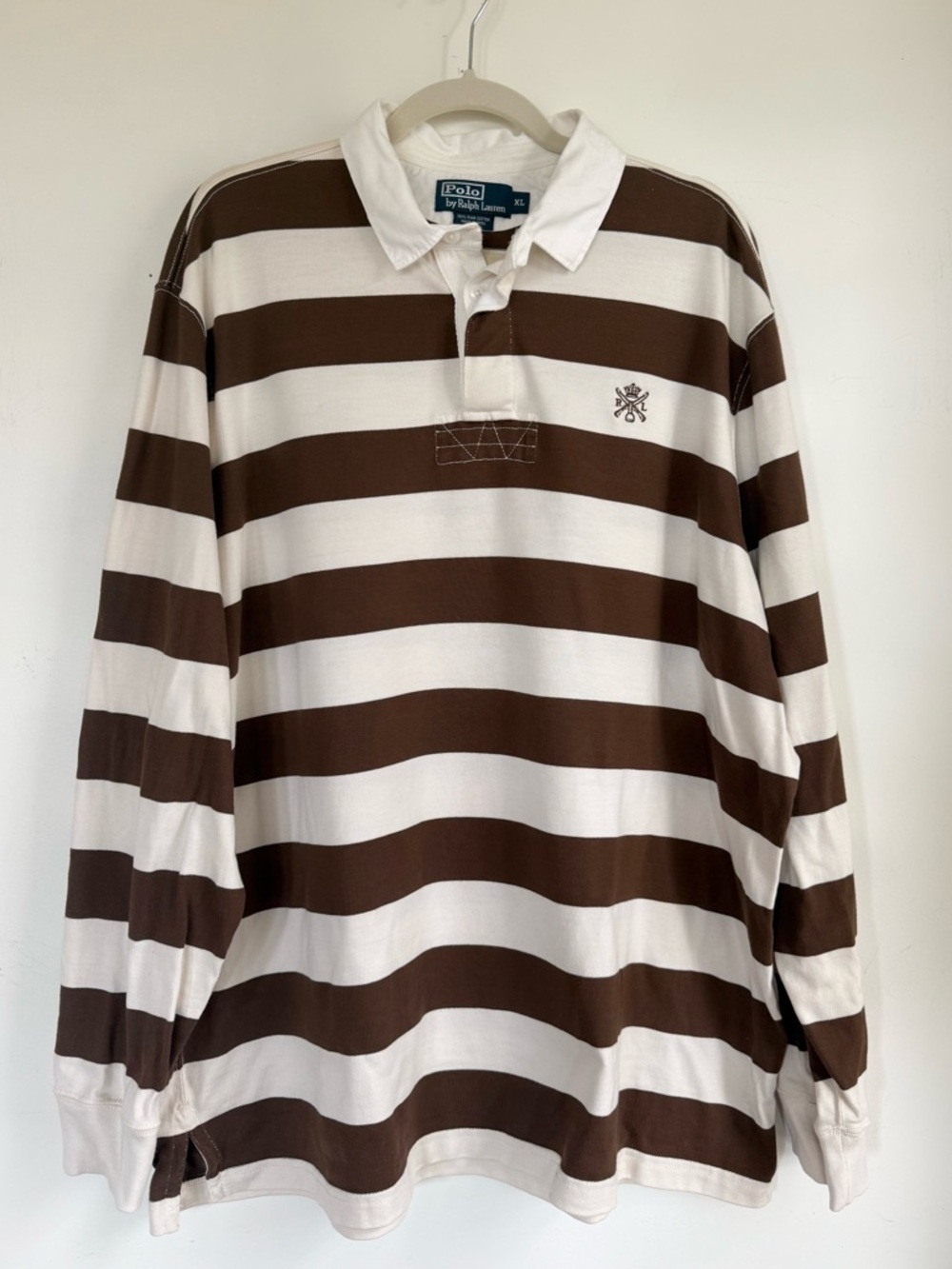 Ralph Lauren Guns & Crown Rugby Polo Shirt, Brown Striped, Long Sleeve , XL